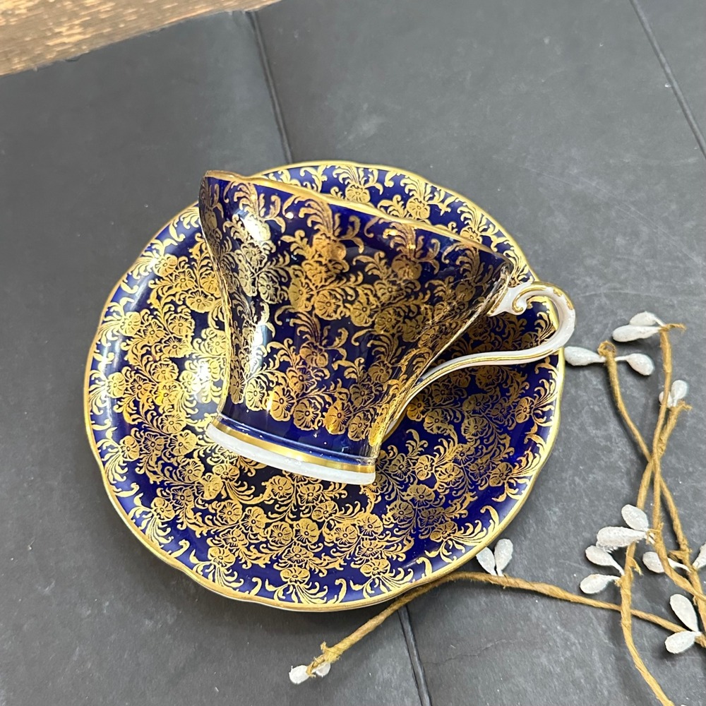 Aynsley England Vintage Cobalt Blue Floral Gilded Chintz Cup & Saucer Set
